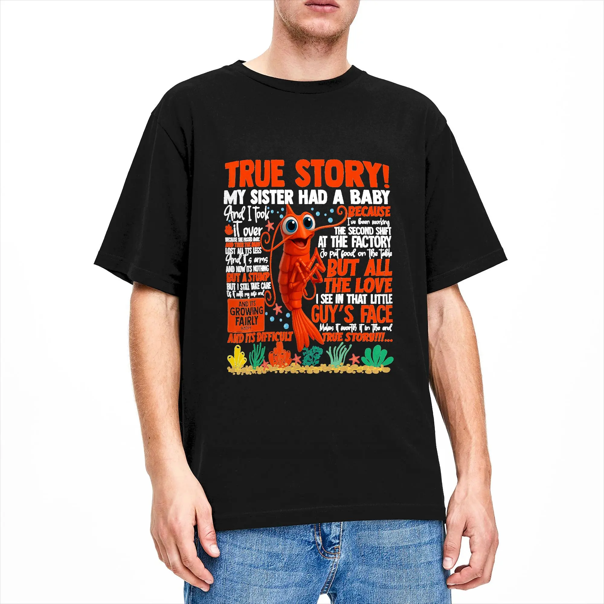 Men's My Sister was a Shrimp Baby T-Shirts True Story 100% Cotton Tee Summer Aesthetic Short Sleeve T-Shirt Crew Neck  Tee Shirt
