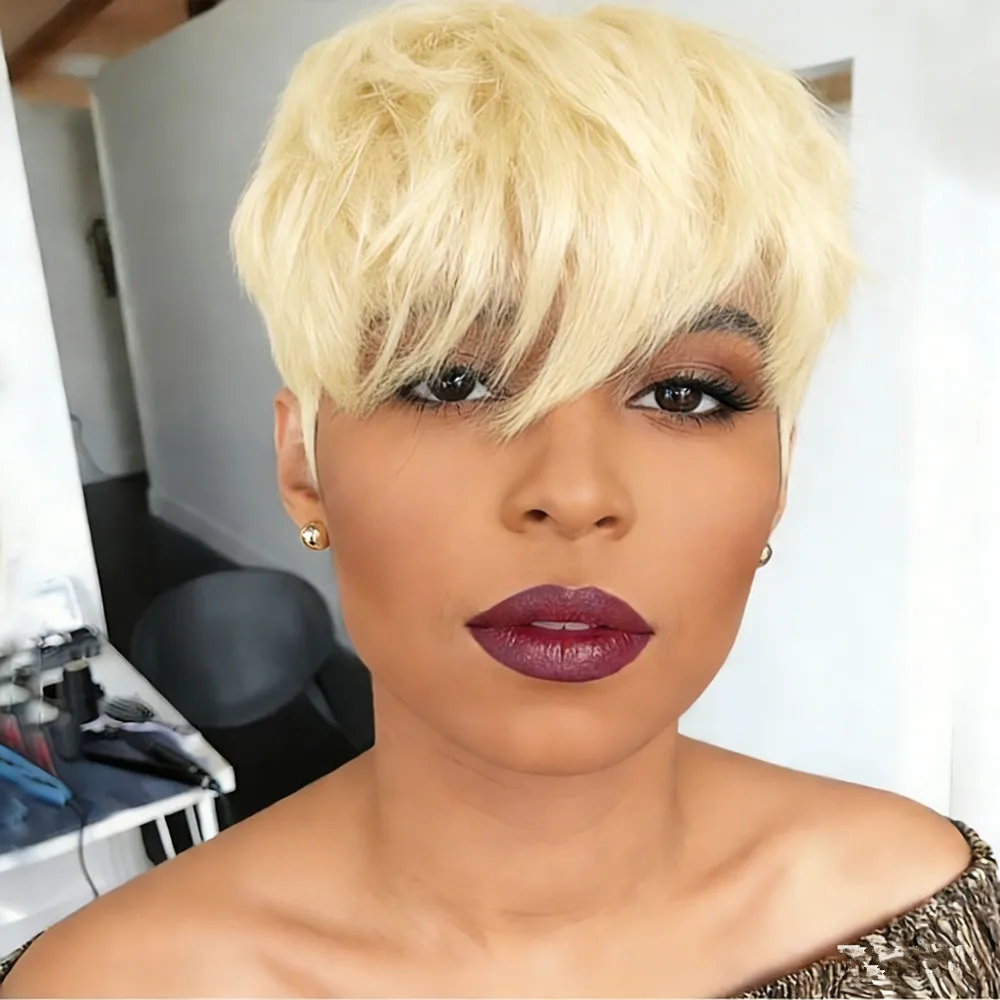 

Короткий прямой парик в стиле пикси из натуральных волос, машинного изготовления, черно-коричневого цвета, для женщин, для повседневного использования и вечеринок.