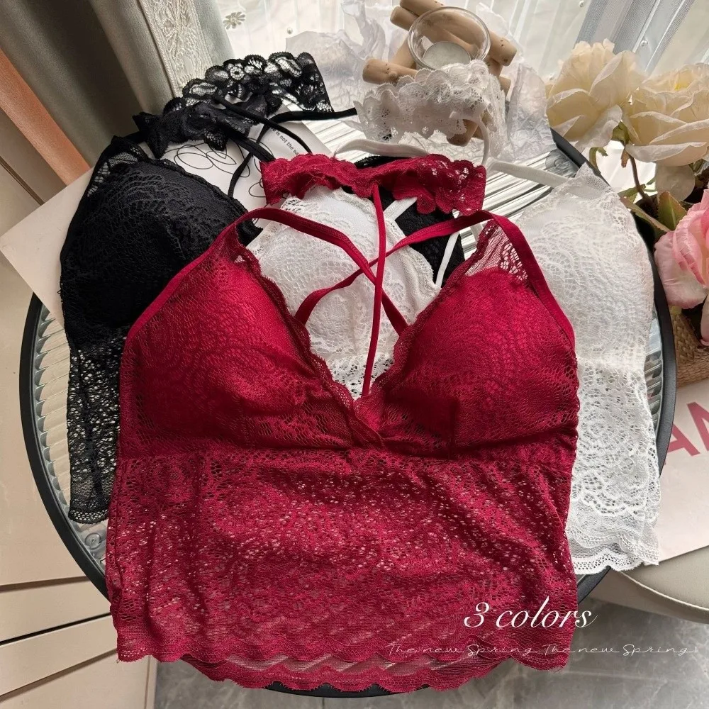 Pure Desire Thin Halter Tank Top No Steel Ring Stretch Fit Lace Bra Backless Style Removable Bra Pads Wrap Bra for Women