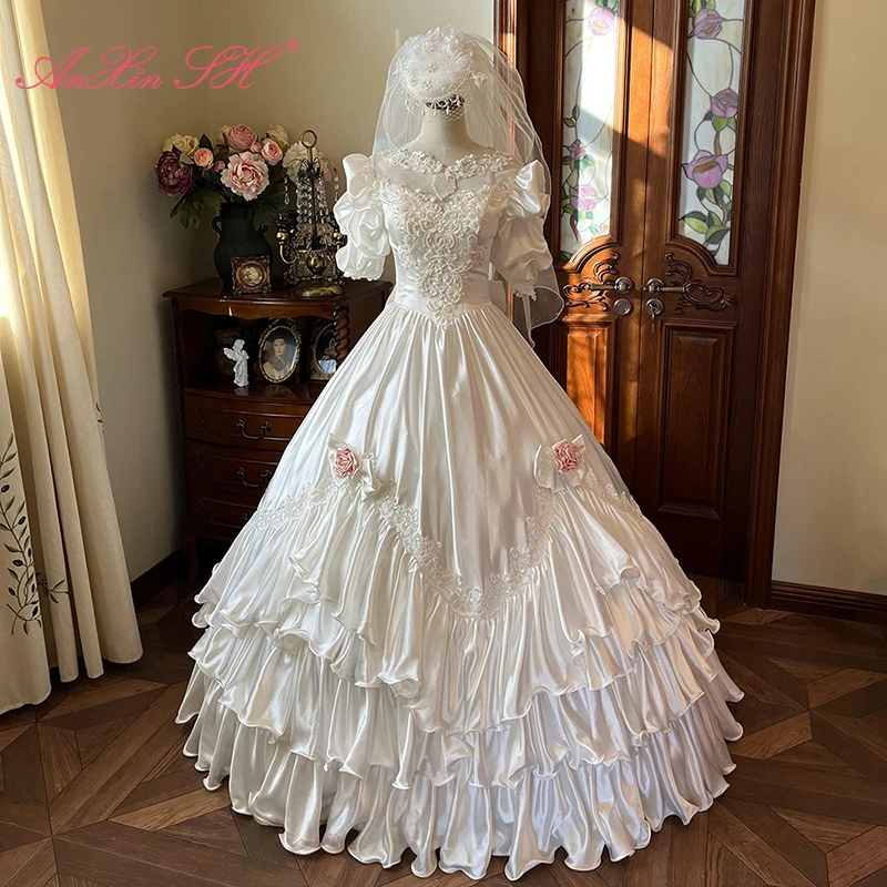 

AnXin SH princess white satin pink rose flower o neck lace beading crystal short sleeve big bow customized wedding dress