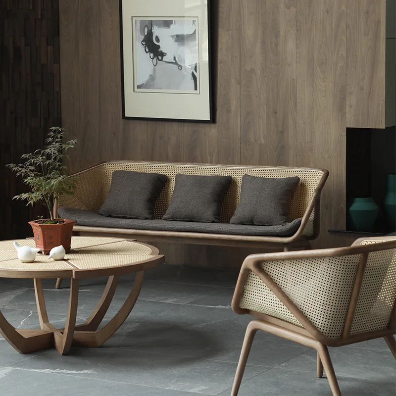 Nordic Japanese rattan sofa combination tonal vintage living room three-seater sofa hotel lobby solid wood sofa chair