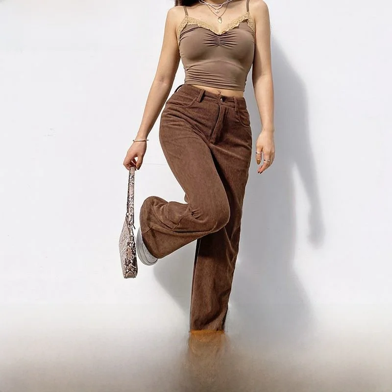 Women's Vintage Corduroy High Waist Wide Leg Casual Pants Summer 2025 Faion Ladies High Quali Pants Other Material 00%