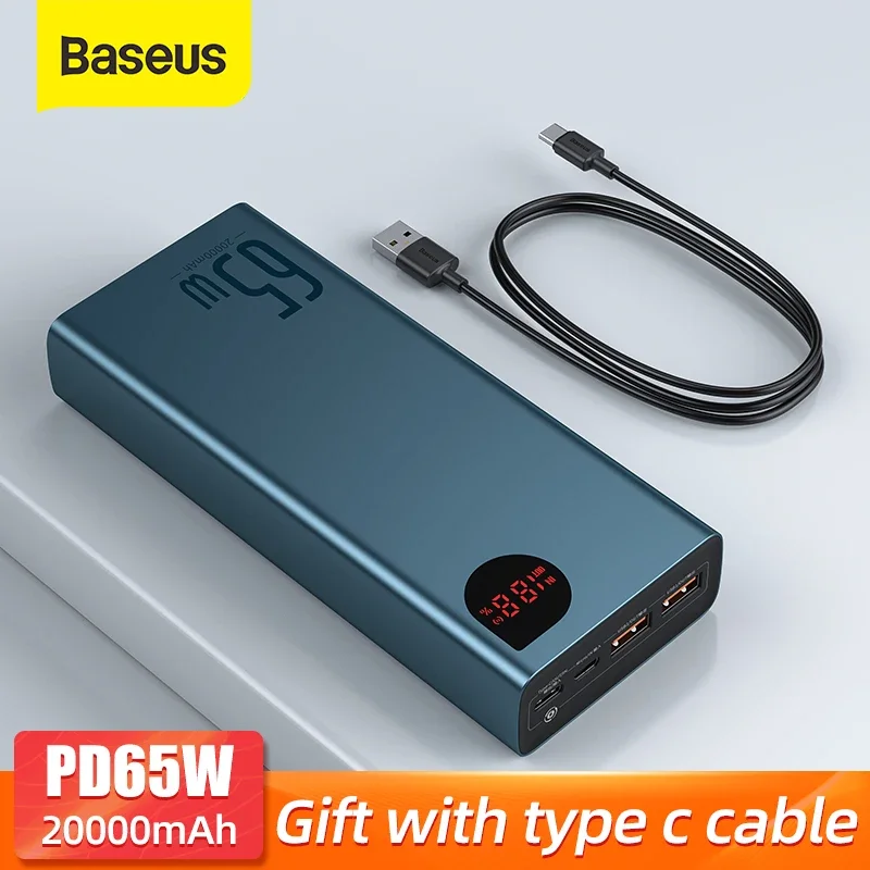 Baseus 65W Power Bank 20000mAh Portable Power Bank PD QC 3.0 Charger, suitable for Apple 14Pro Xiaomi Samsung Huawei Notebook