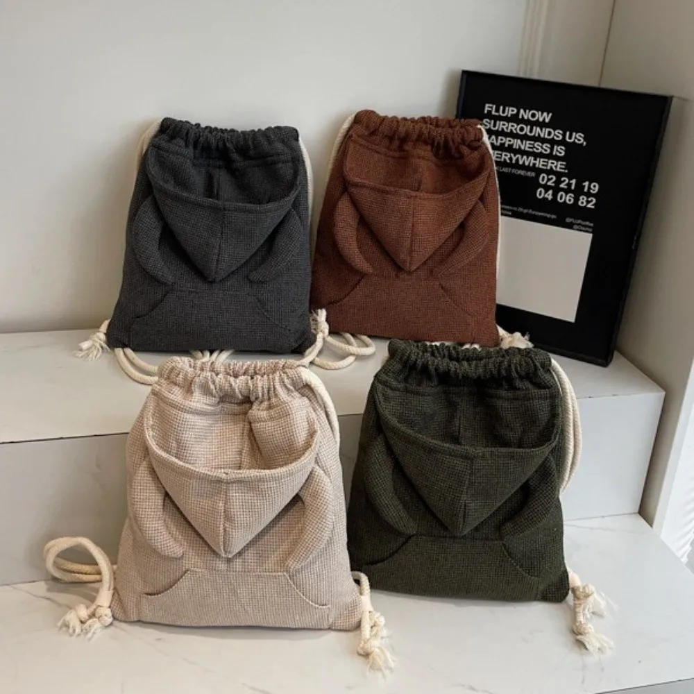 Creative Ox Horn Hooded Backpack Large Capacity Solid Color Hoodie Design Schoolbag Zipper Korean Style Drawstring Bag Gift