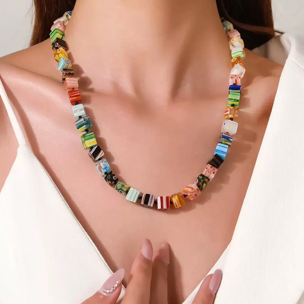 1PCS Square Hand Woven Murano Thousand Flower Glass Bead Necklace For Women Fashion Matching Clothes Short DIY Handmade Necklace