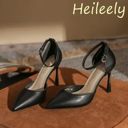 9cm Heels Women Luxury Sandals Leather Pointed Toe with High Heels Ankle Belt Black Women Shoes 39 40