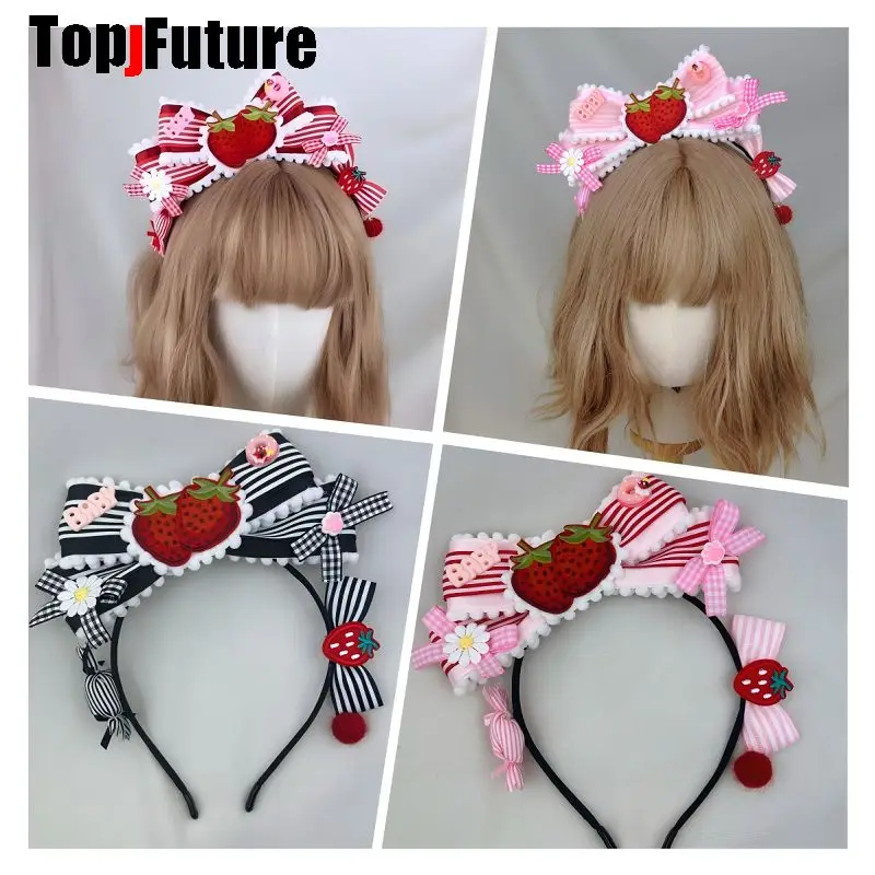 Women Subculture Harajuku Gothic Original Striped Strawberry Headband Lolita Strawberry Daydream Sweet Bow Headband Aesthetic