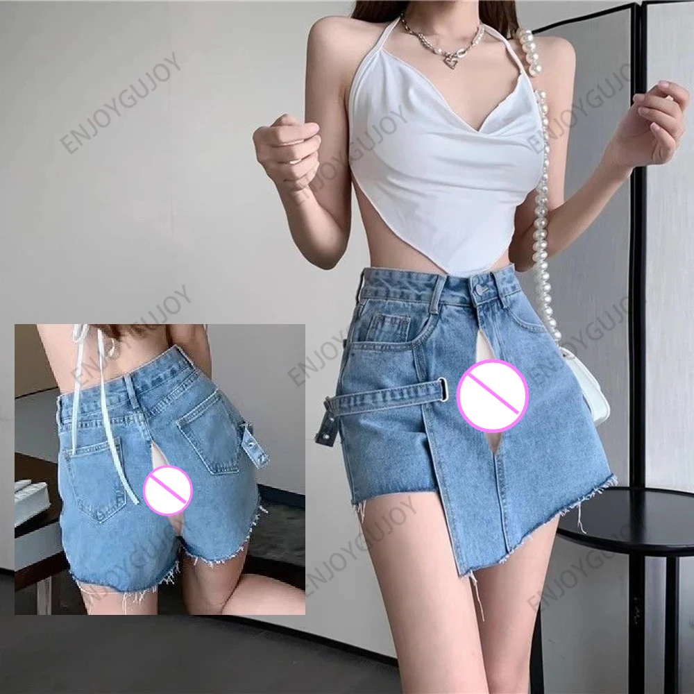 Invisible Open Crotch Outdoor Sex Sexy Erotic Cargo Denim Skirt Summer Women's Denim Shorts Irregular High Waist Denim Pantskirt