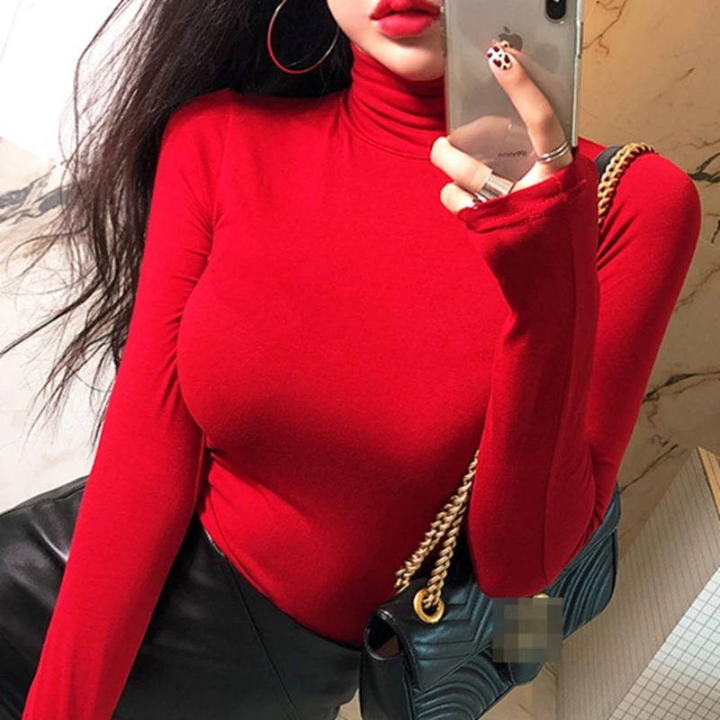 

Red High Collar Slim Fit Base irt Women's Cute Sle Long Sve T-irt AT058 Comfortable Breathable Casual Wear