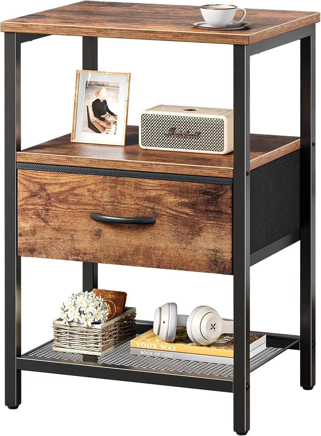 

Night Stand with Fabric Drawer, Side Table with Mesh Shelf, Bedroom Nightstand, Fabric Drawer Dresser, Open Shelf, Metal