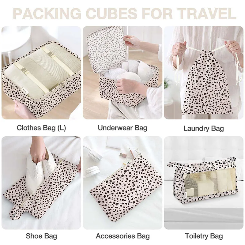 8 Piece Leopard Print Travel Suitcases Bags Solid Color Luggage Wardrobe Storage Underwear Shoes Packaging Cubes