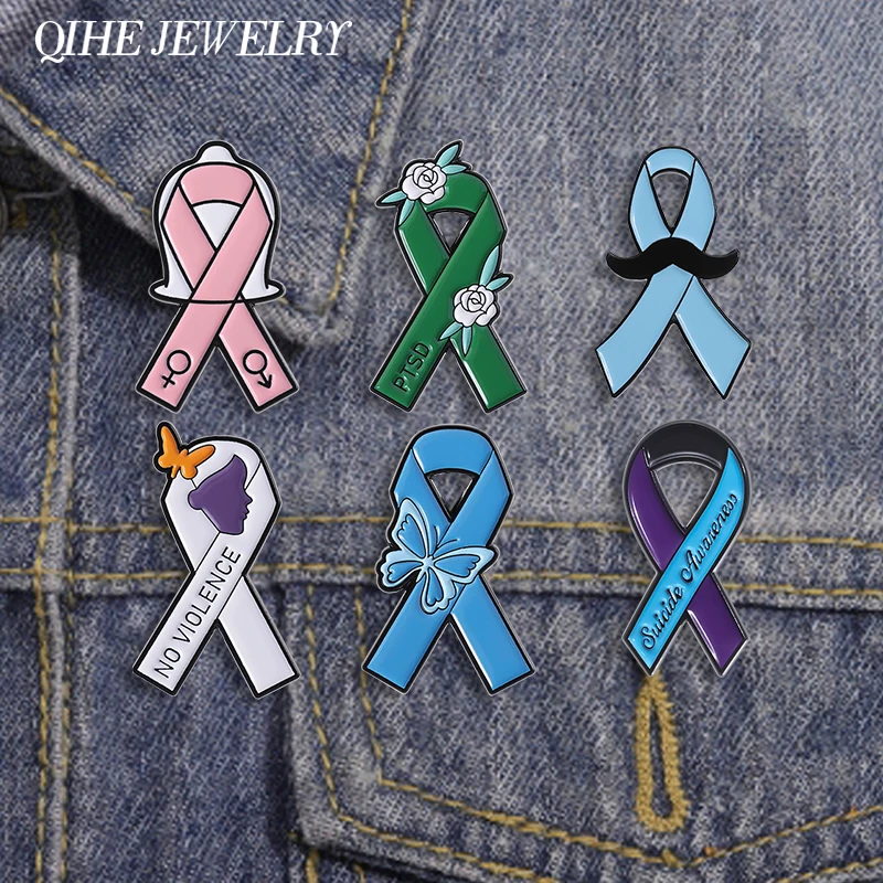 Cancer Ribbon Enamel Pins Custom Ptsd No Violence Mental Health Awareness Badges Clothes Lapel Brooches Jewelry Gift For Friend