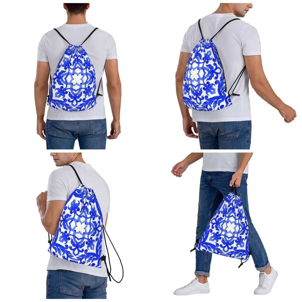 Portuguese Azulejo Tiles Backpacks Casual Drawstring Bundle Pocket Sports Bag Book Bags for Man Woman School