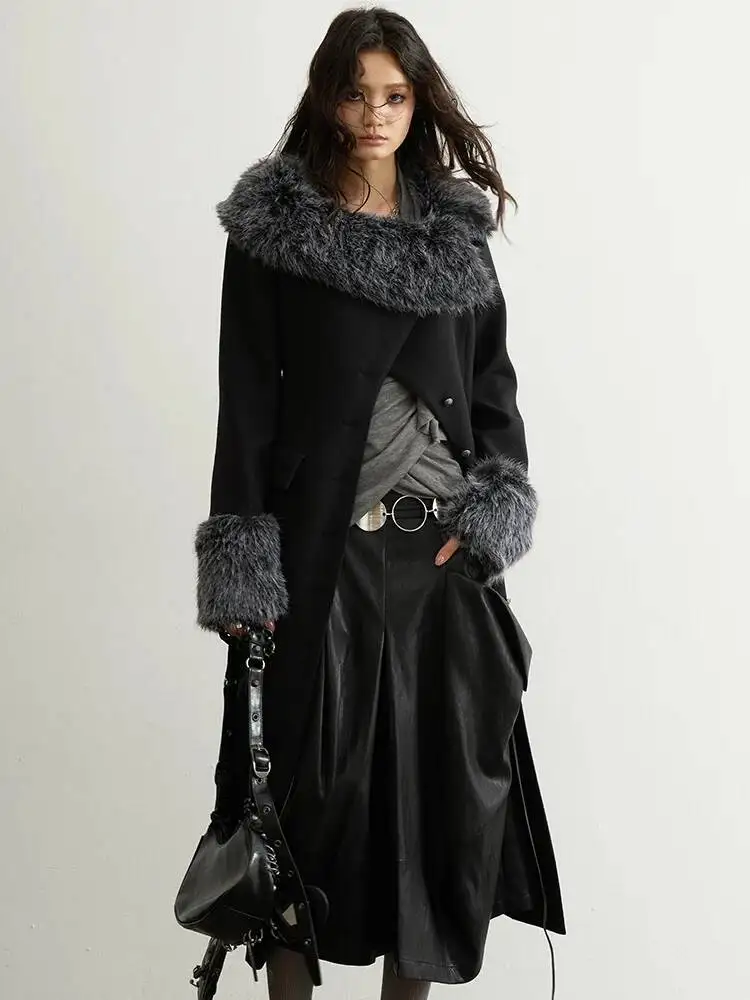 Long Black Elegant Warm Slim Woolen Coat New Fur Lapel Long Sleeve Women Jacket Fashion  Autumn Winter 2026 XK6Q