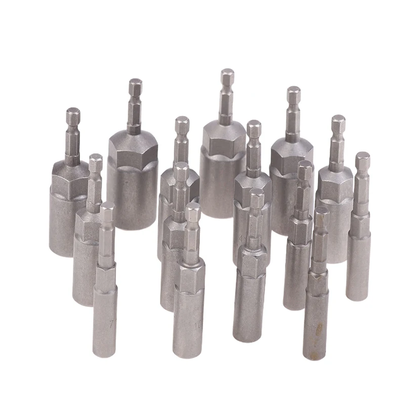 

15Pcs 80mm Deepen Nut Driver Drill Bit Set - 5.5-19mm Hex Socket Adapter Sleeve For Impact Power Tools Accessory