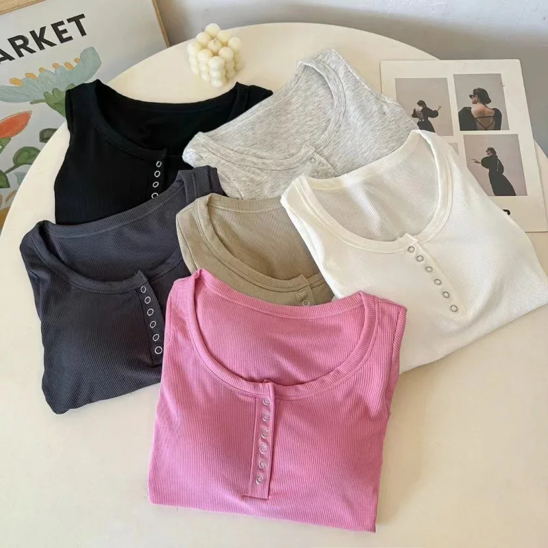 Cotton Short-sleeved Button-down Design Beautiful Suspender Chest Pad Slimming Sexy Slimming Top Майка С Бюстгалтером