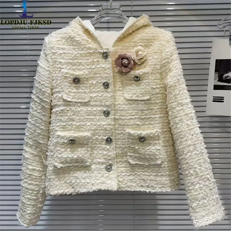 2026 Autumn Winter New Camellia Pin Coarse Hemp Down Inner Tank Hooded Short Coat,Single Breasted Jacket