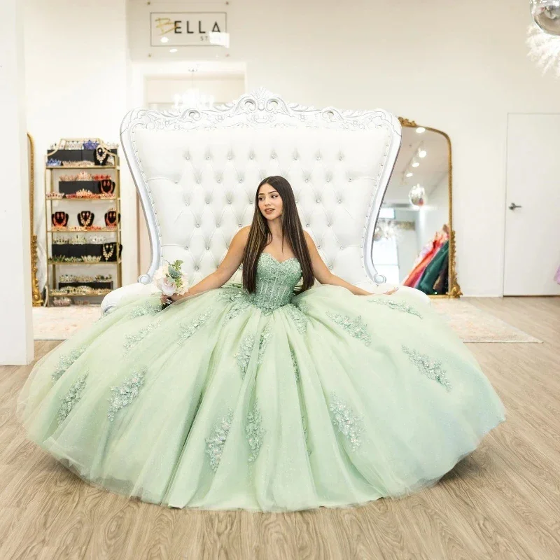 ANGELSBRIDEP szałwia zielone sukienki na quinceanera z kokardą 3D kwiaty aplikacje z koralikami Vestidos De 15 Anos urodziny księżniczka