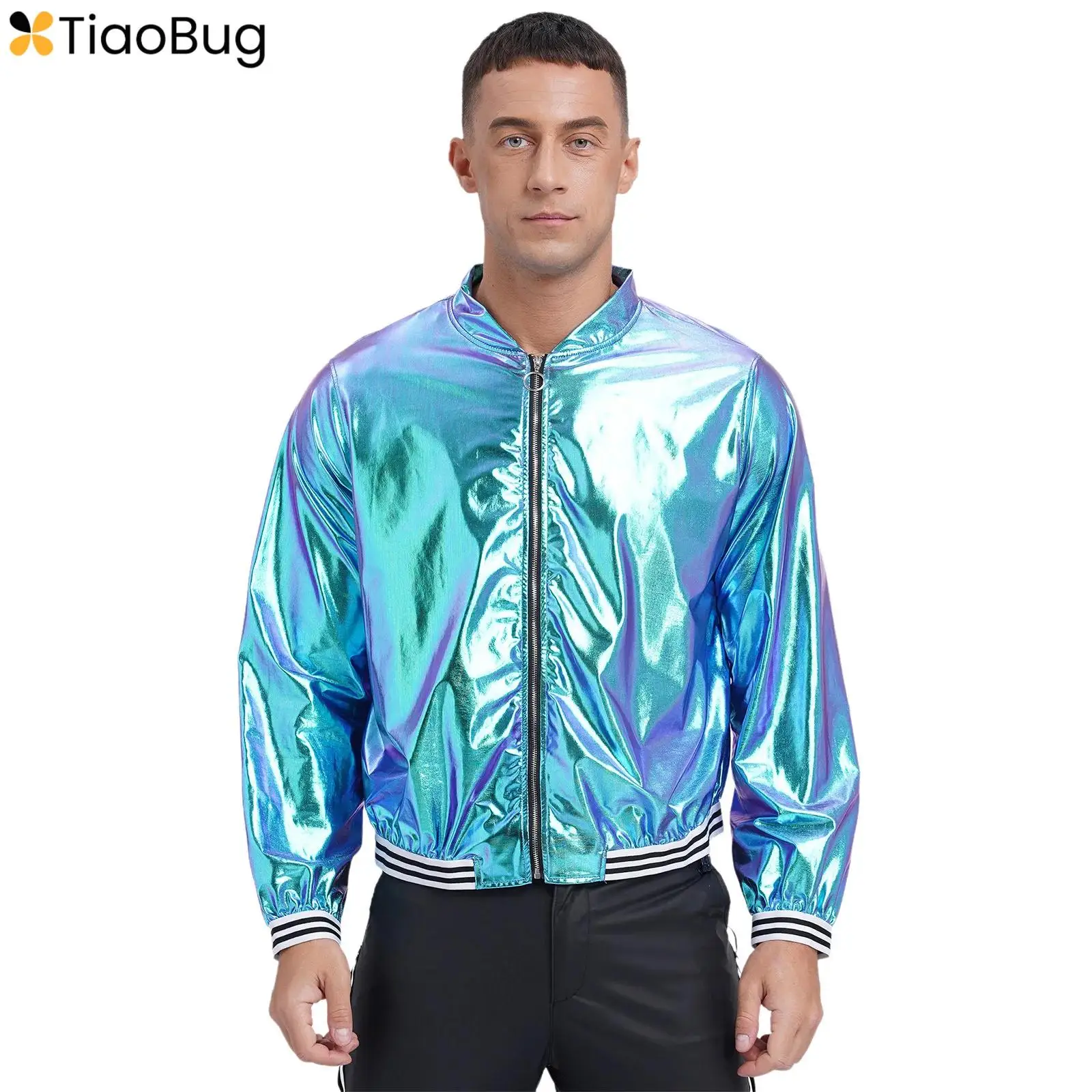 Mens Metallic Shiny Bomber Jacket Coat Long Sleeve Striped Band Zipper Outerwear Baseball Jacket Clubwear Stylish Street Look