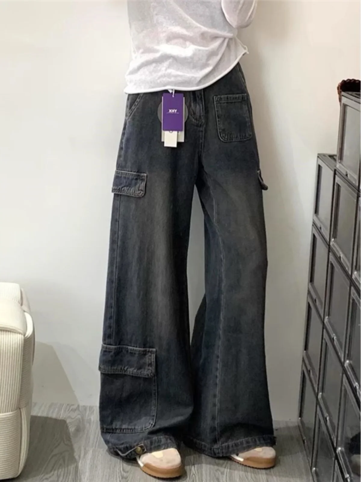 

Американские ретро-джинсы с высокой талией и широкими штанинами, женские, весенние, новые, свободного кроя, прямые, в пол, повседневные, для работы