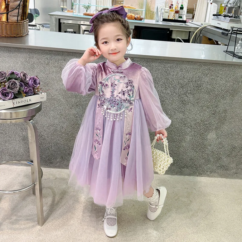 

Girls' Autumn Dress2025New Style Children's Fashionable Hanfu New Chinese Style National Style Autumn Long Sleeve Velvet Princes