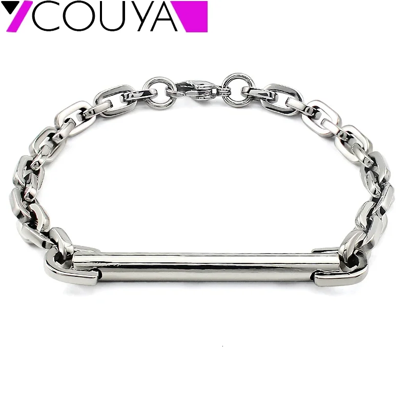 Stainless Steel Bracelets Link Chain Fashion Cylinder ID Bracelet Men Women High Polished Punk Pulseras Jewelry Gifts 2024