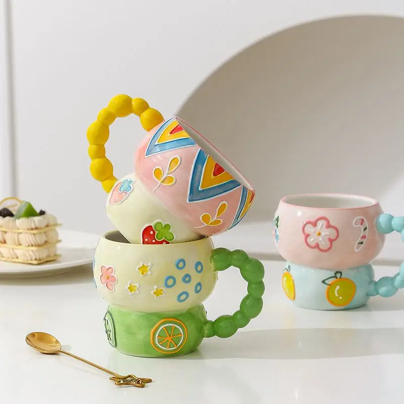 Hand-painted Relief Gourd Ceramic Cup Aesthetic Value, Breakfast Large Capacity, Cute Oatmeal Mug, Home Drinking Wate Drinkware