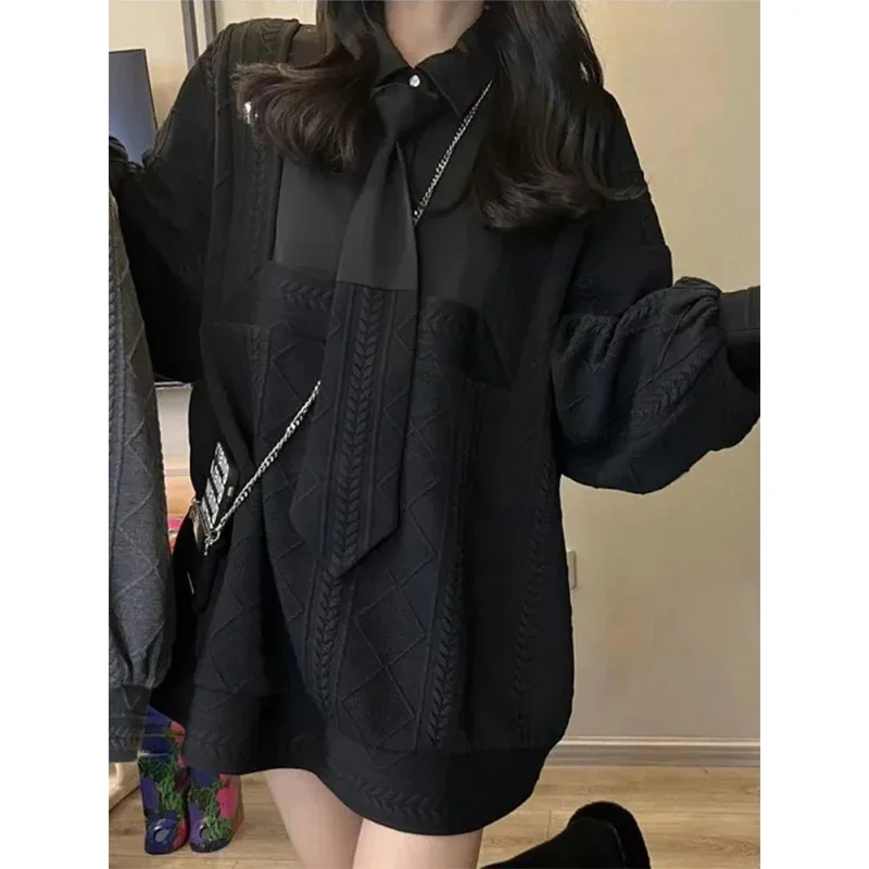 MEXZT Streetwear Sweatshirts Women Sweater Patchwork Hoodies Harajuku Korean Oversized Fake Two Pieces Tie Loose Casual Pullover