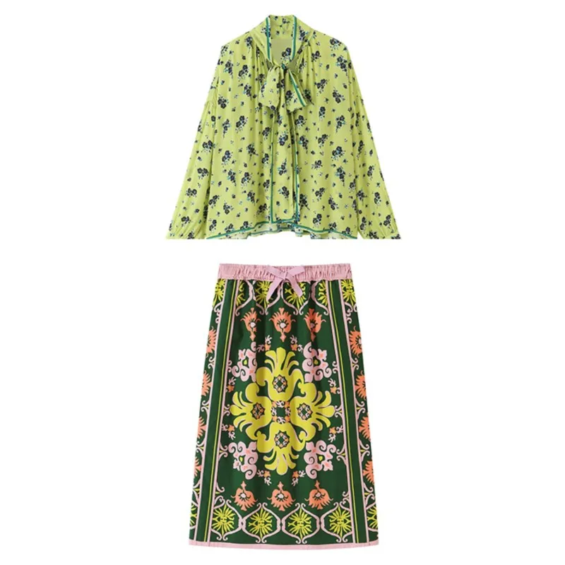 Women's Printed Skirts Set Autumn V-neck Lace-up Long Sleeve Loose Top Mid-waist Elastic Waist Skirt Fashion Casual 2 Piece Set