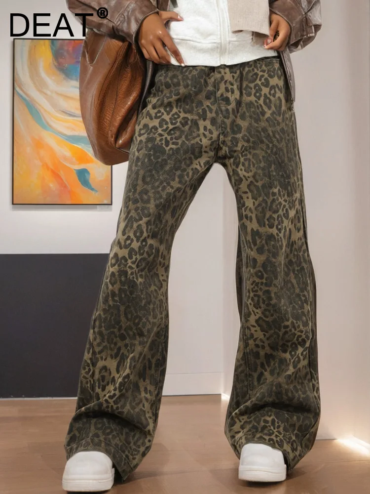 DAET-Jean droit à motif léopard pour femme, pantalon en denim, taille haute élastique, jambe large, nouvelle mode automne 2024, 33A1824