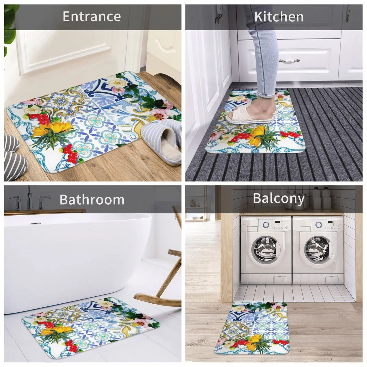 Sicilian Tiles,mediterranean,mosaic,lemons Non-slip Doormat Floor Mat Carpet Rug for Kitchen Entrance Home Balcony Footpad Mats