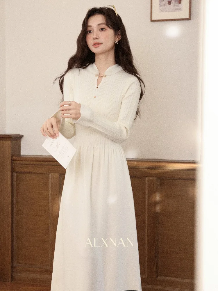 ALXNAN New Chinese Style Knitted Dress National Fashion Women's Autumn Winter Waist Cinched Apricot Long Sleeve Dress L59835