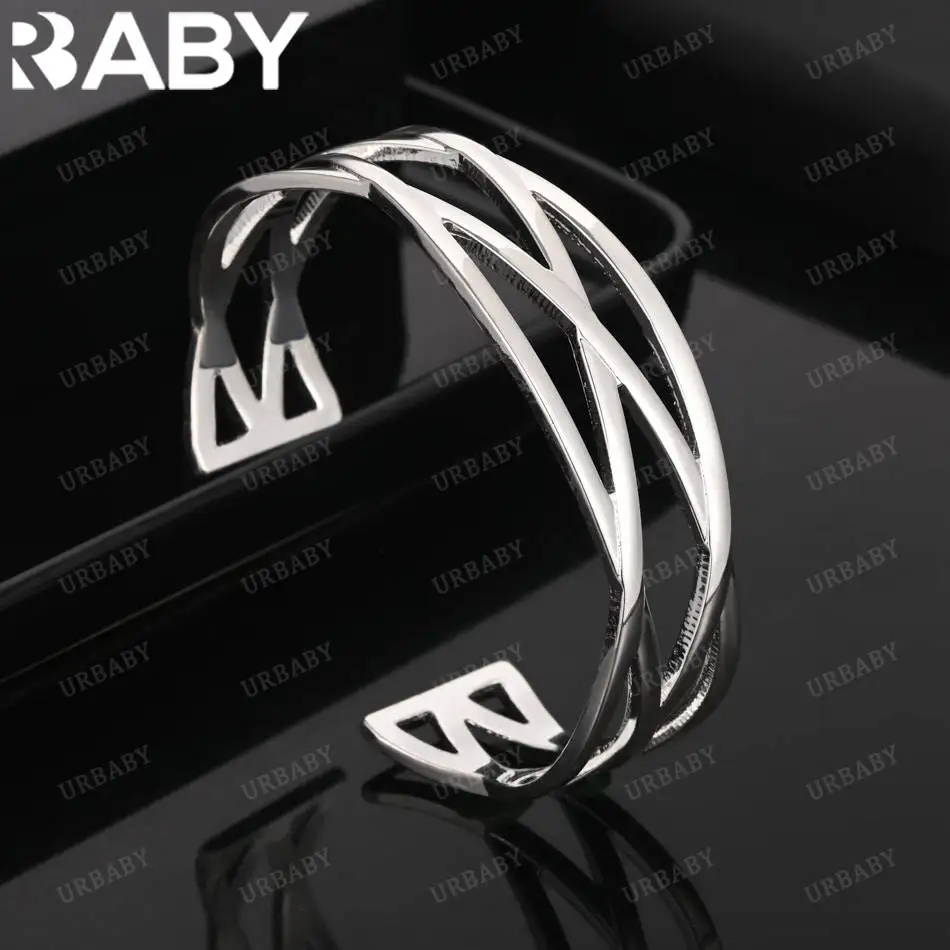 

URBABY 925 Sterling Silver Design Cross Lines Bangle For Women Charm Trend Birthday Gifts Fashion Party Fine Jewelry