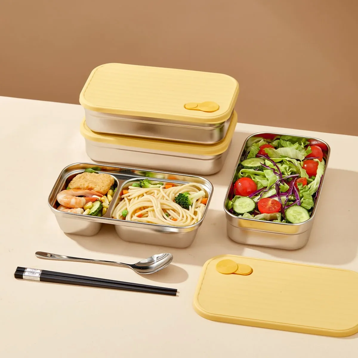 Portable Reusable Lunch Box For Kids Student 304 Stainless Steel Fruit Salad Food Container Sealed Divided Bento Box With Lid