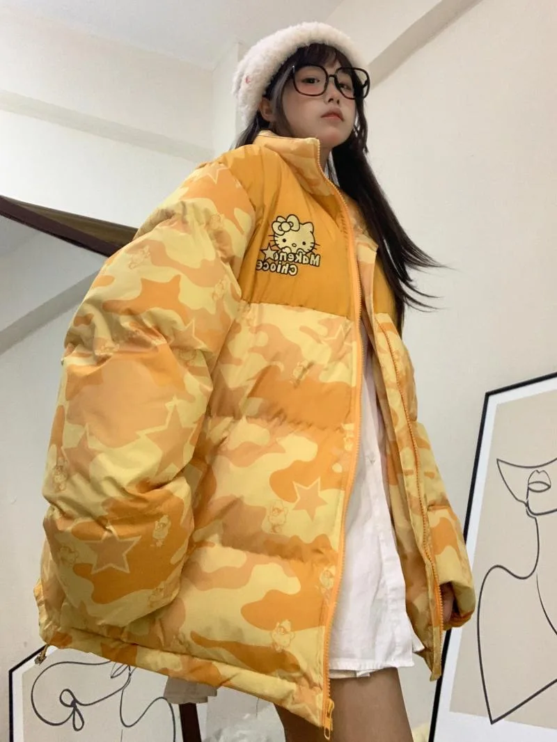 Miniso Plus Size Hello Kitty Winter Coat Women American Retro Loose Mixes Camouflage Zipper Bread Jacket Couple Cotton Clothes