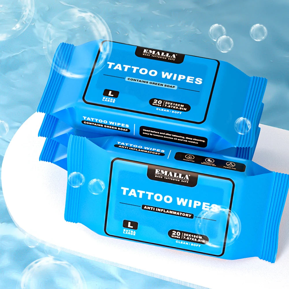

48/20pcs EMALLA Tattoo Green Soap Wipes Tattoo Cleaning Wipes Body Art Permanent Makeup Cleansing Tools Tattoo Supplies