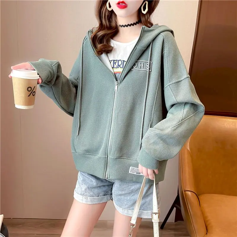 Waffle Short Hoodies Women Spring Autumn Trendy Thin Cardigan Hoodie Korean Style Loose Chic Sports Hooded Coats Casual Jackets