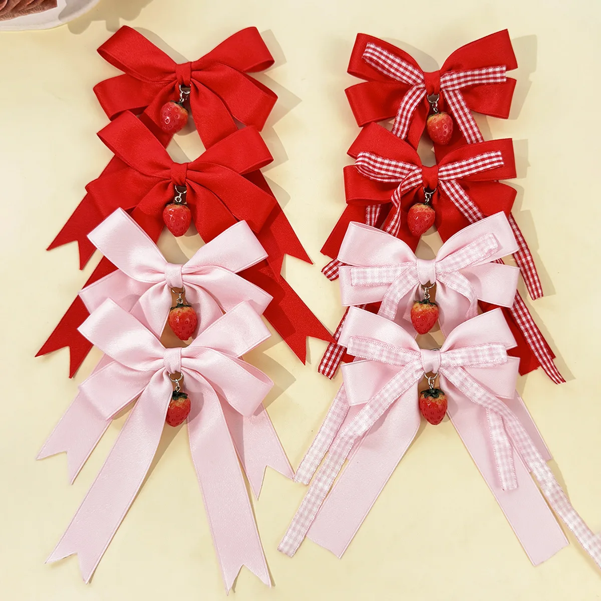 24PC Plaid Bow Hair Clips College Style Long Tassel Hairgrips Strawberry Pendant Hairpins for Women And Girls Bulk Headwear