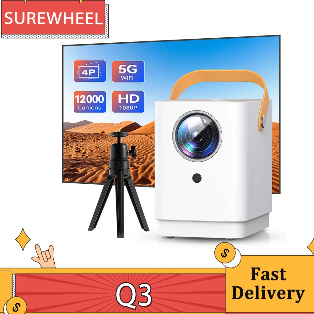 SUREWHEEL Q3 Projector with Tripod FHD 1080P 4K Support 300inch Display 5G WiFi & Bluetooth 5.0 12000 Lumens Keystone Correction