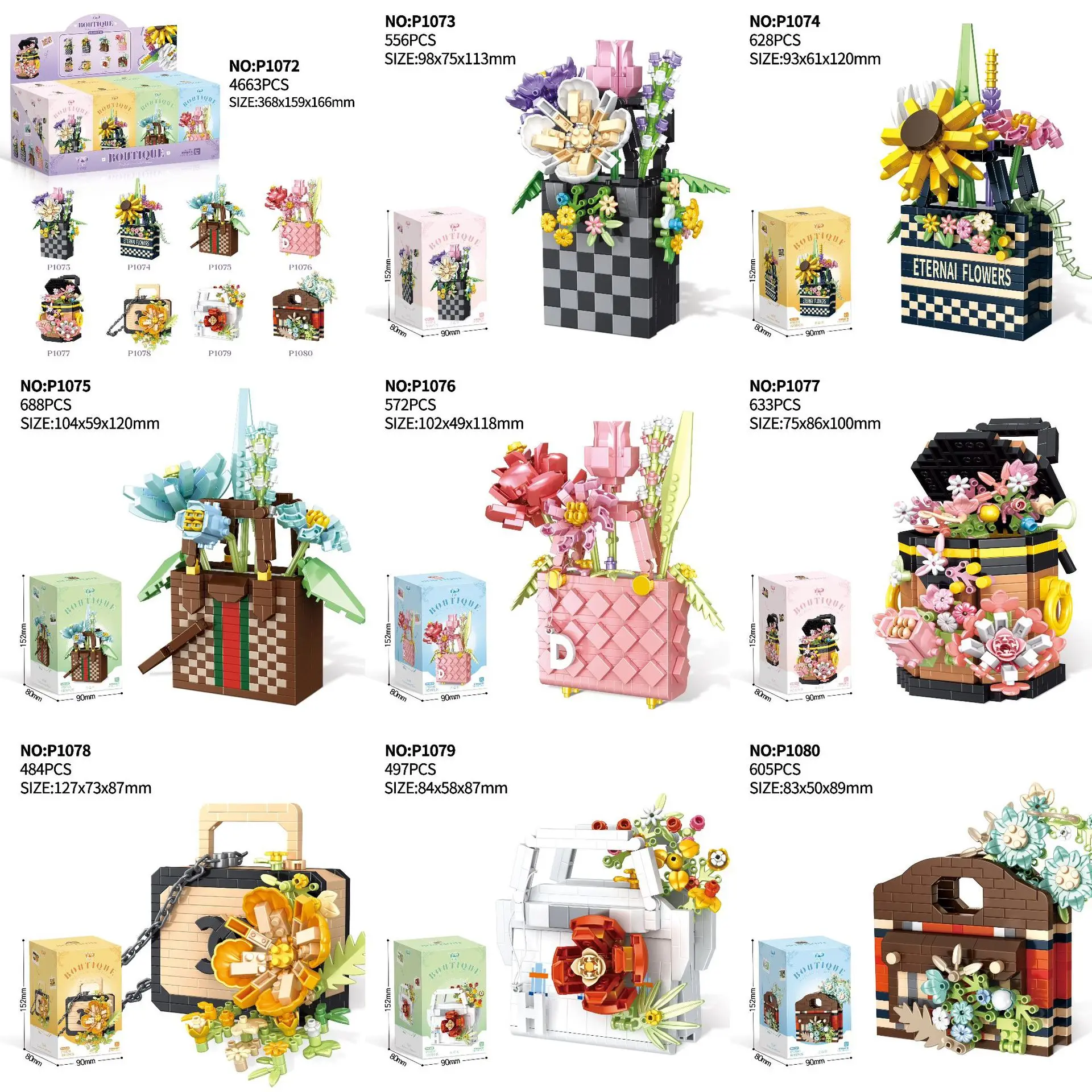 DIY Micro-particle Building Blocks Flower Immortal Flower Assembly Toys P1072-P1080 Flower Basket Bag for Children Gifts