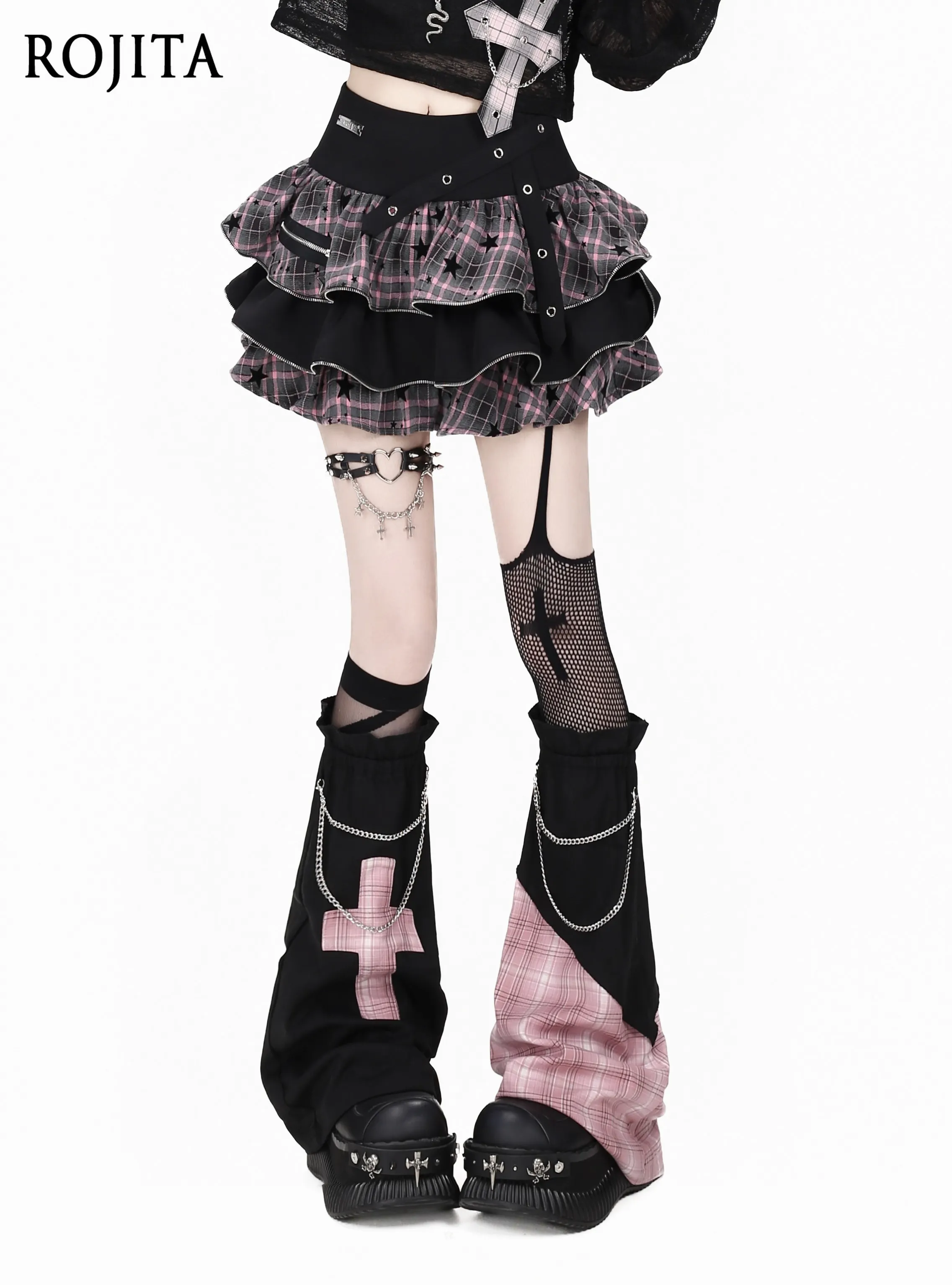 Pink Plaid Star Print Tiered Mini Skirt Women High Waist Button Ruffle Layered Y2K Cake Skirt Gothic Punk Ruffle Skirt