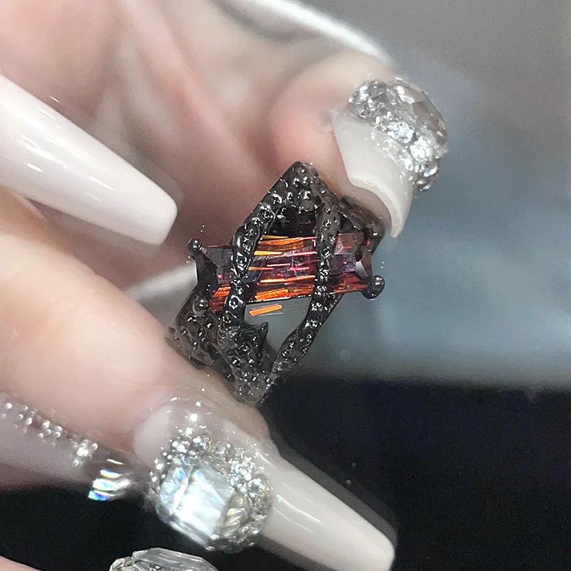 Kpop Gothic Irregular Stone Rings Y2K Aesthetic Red Stone Ring for Women Egirl Vintage Punk Geometry Rings Jewelry Accessories