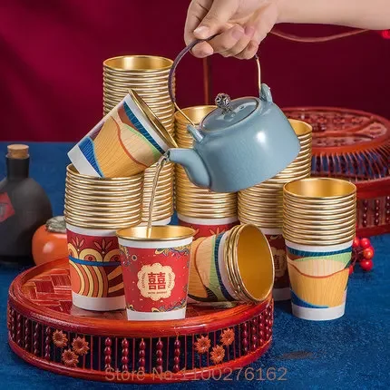 

100pcs/pack 9oz Disposable Gold Foil Paper Cup Household Water Cup Thicken Wedding Paper Cup Painted Coffee Cup
