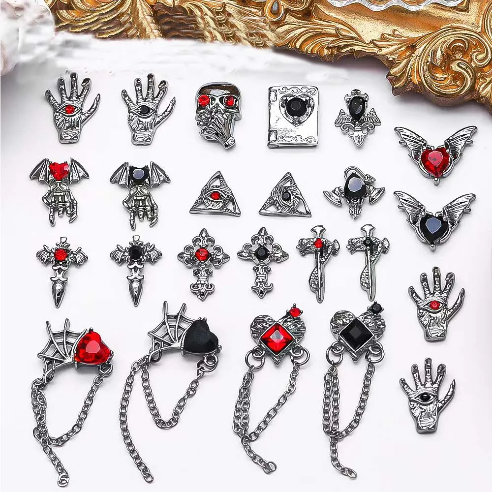 10 Stuks Gothic Punk Stijl Nail Art Bedels 3d Legering Hart Kruis Halloween Schedel Liefdesketting Hanger Nagel Diy Decoratie Accessoires