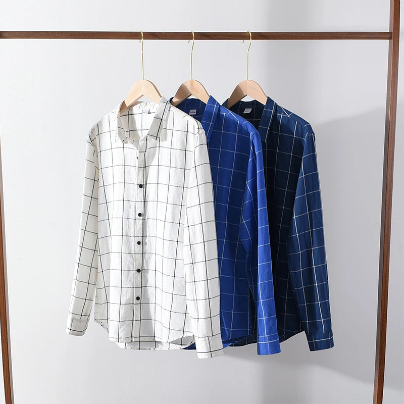 

Casual Linen Plaid Long Sleeved Men's Shirts Spring New Fashion Breathable Blouse Slim Square Collar Simple Breathable Shirts