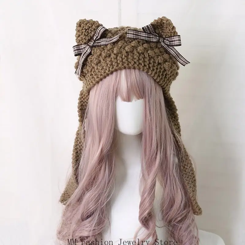 D0UB محبوك آذان القط قبعة الكرتون الدافئة Earflap قبعة الشتاء الانحناء قبعة الكروشيه #3