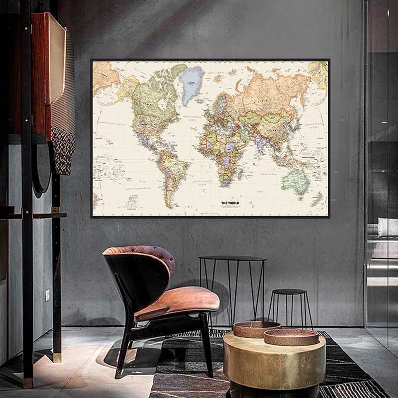 225*150 خريطة العالم صورة مفصلة Vintage جدار الفن المشارك غير المنسوجة قماش اللوحة مدرسة مكتب ديكور المنزل