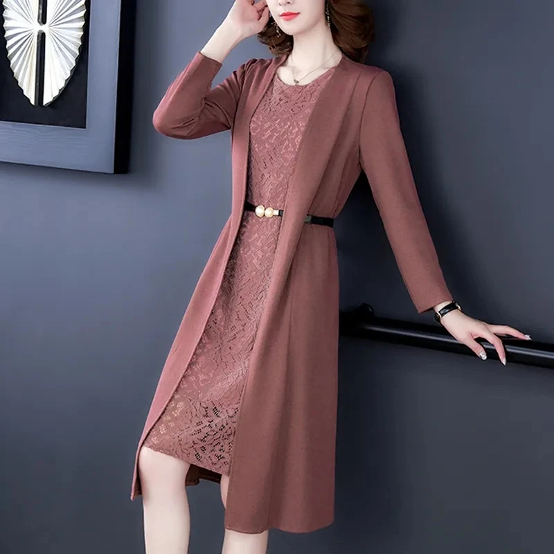 Elegant Lace Dress Set Women Two Piece Set New Spring Autumn Cardigan Coat Long Sleeve Tops And Vest Dress Suit With Belt 5XL