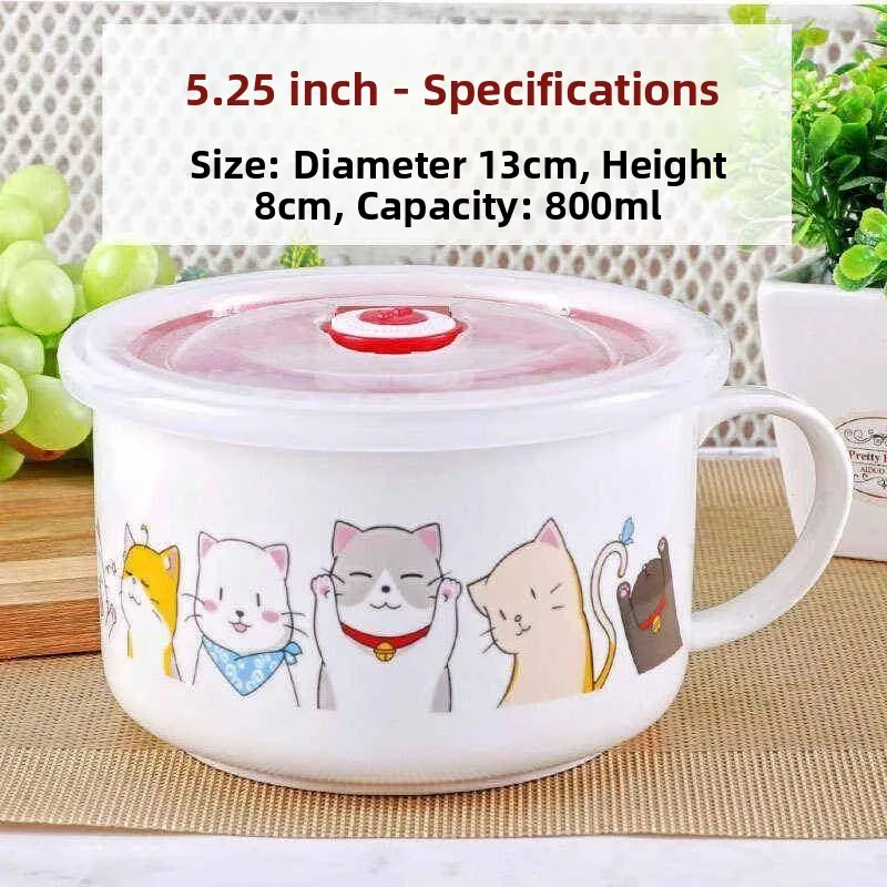 

Sealed Ceramic Lunch Box with Handle for Office Workers Microwave Safe Bowl for Soup And Noodles round Shape Dishwasher Safe