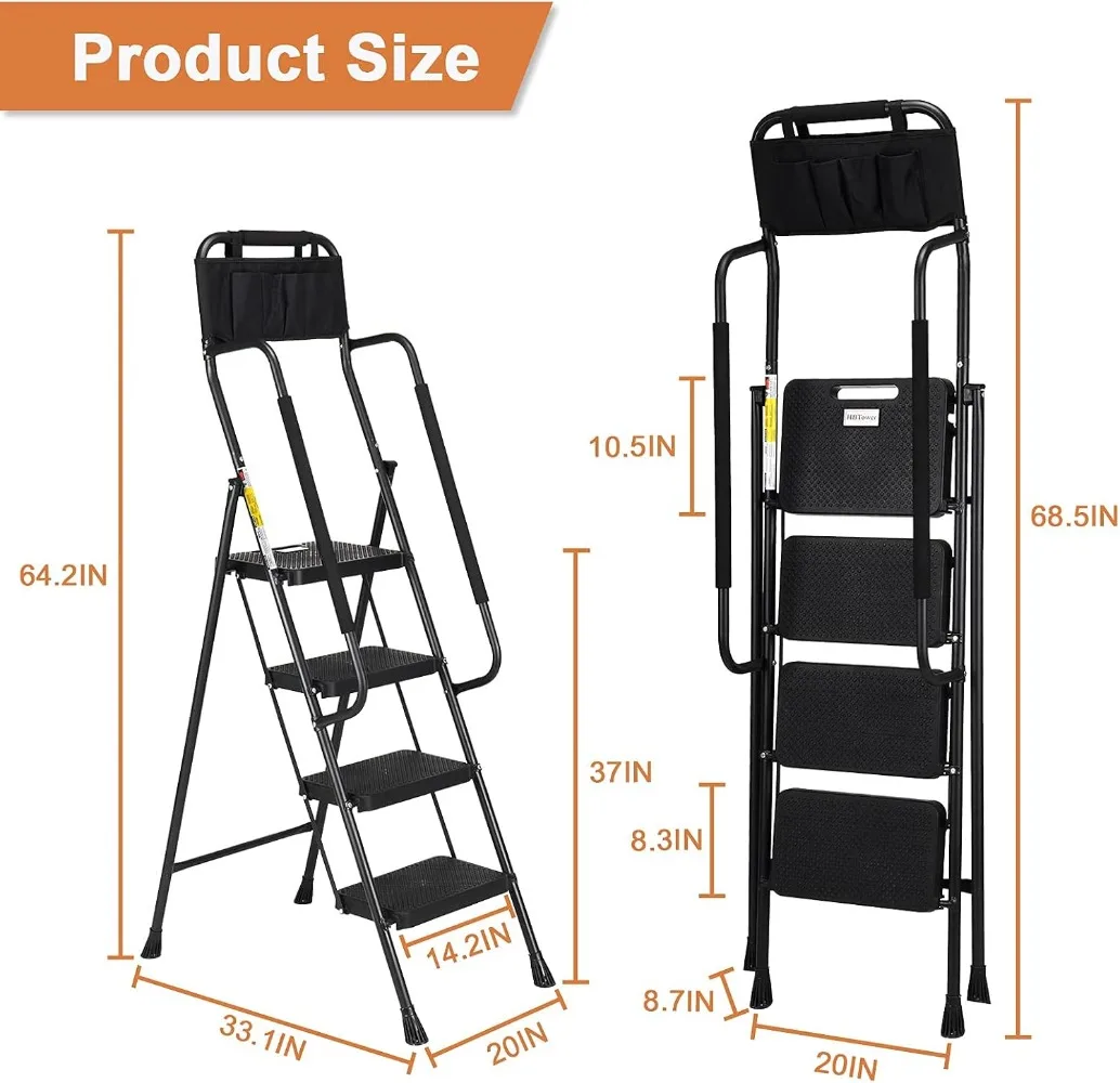 4 Step Ladder with Handrails, 330 lbs Folding Step Stool with Attachable Tool Bag